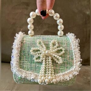 NEW Micro Mini Bag Mint Green Tweed & Sequin Pearl Top Handle Pastel Two-Way